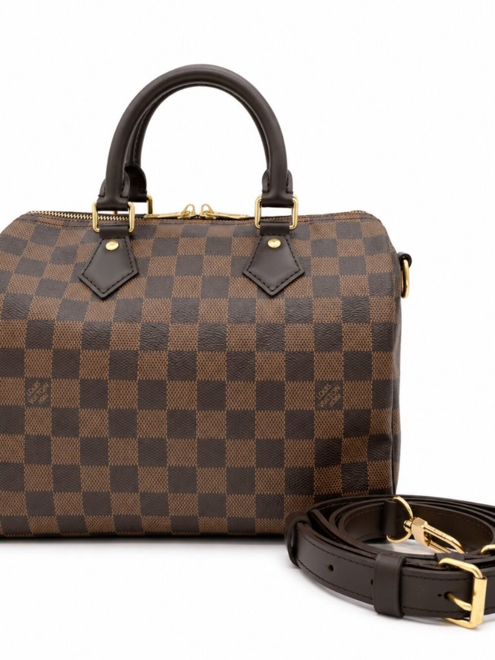 Louis Vuitton Damier Ebene Speedy 25 Style Handbag Brown Checkered Canvas Gold H